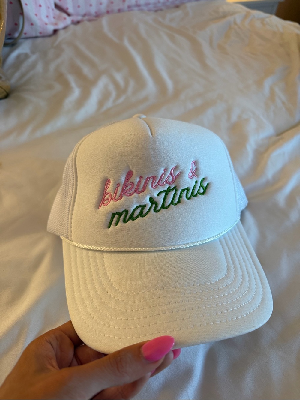 White Kids Trucker Hat with Pink & Green 'bikinis & martinis' Embroidery